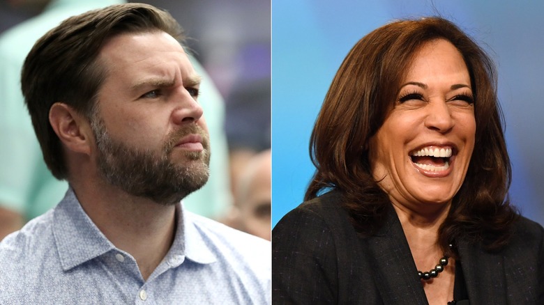 Split image of JD Vance and Kamala Harris