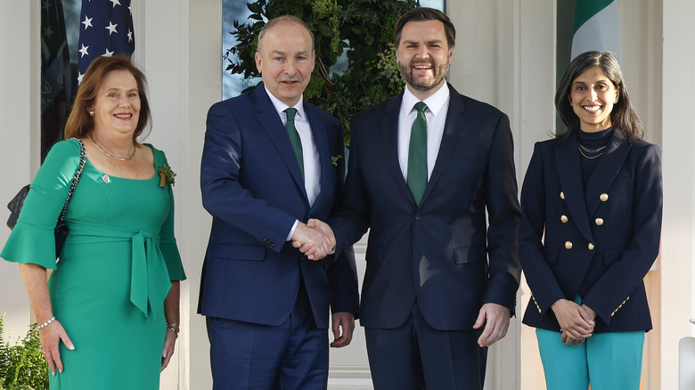 ﻿﻿U.S. Vice President JD Vance and his wife Usha Vance welcome Irish Taoiseach Micheál Martin and his wife Mary O'Shea to the Vice President's Residence for a St. Patrick's Day Breakfast on March 12, 2025 in Washington, DC.