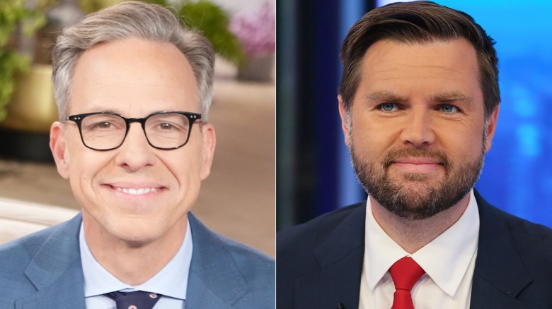 Split image of Jake Tapper and JD Vance smiling