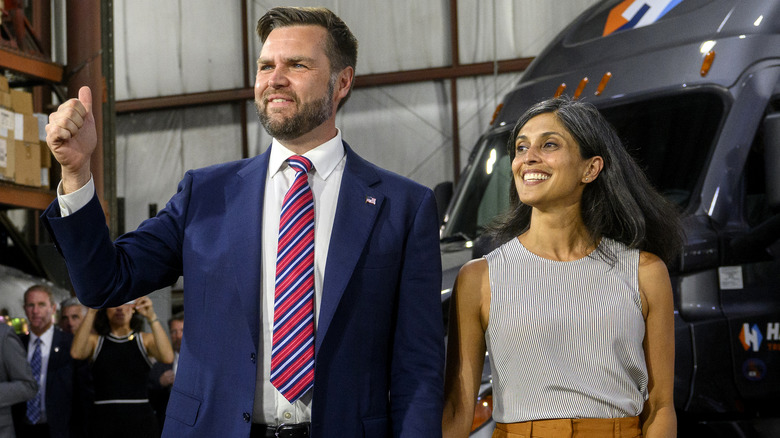 JD and Usha Vance speaking at a rally at trucking company, Team Hardinger