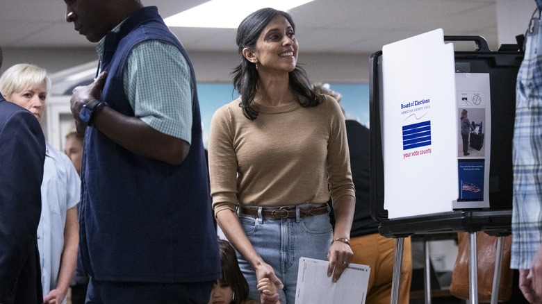 Usha Vance smiling at the polls on Election Day 2024