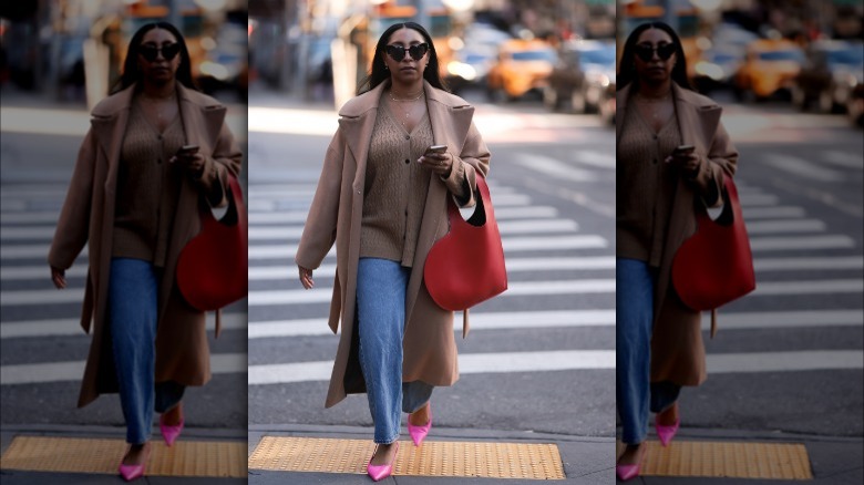 jeans with coat, pink ballet flats