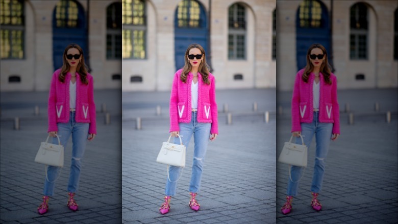 pink blazer, jeans, and matching flats