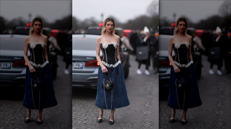 denim maxi with corset top and flats