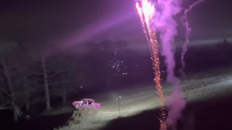 Pink car and pink fireworks