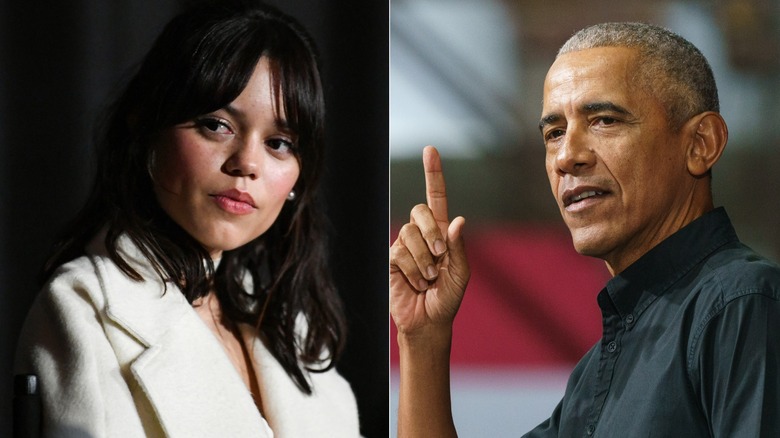 Jenna Ortega smiling & Barack Obama pointing