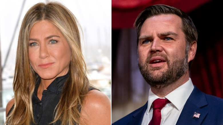 A split image of Jennifer Aniston and JD Vance