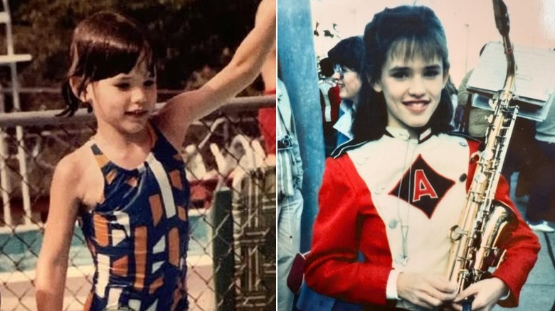 Split image of Jennifer Garner as a child swimming and with her saxophone