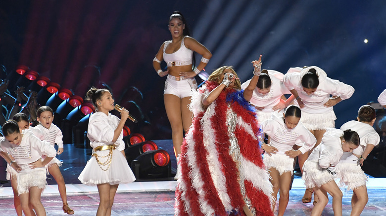 Emme Muniz and Jennifer Lopez performing at the 2020 Super Bowl 