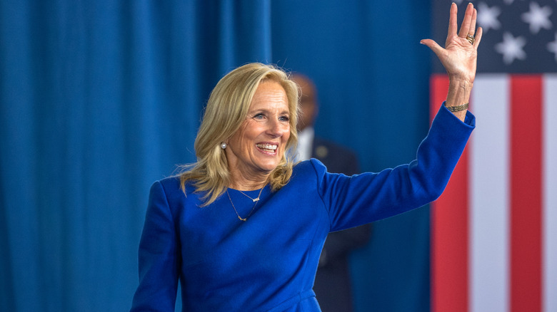 First lady Jill Biden waves to crowd