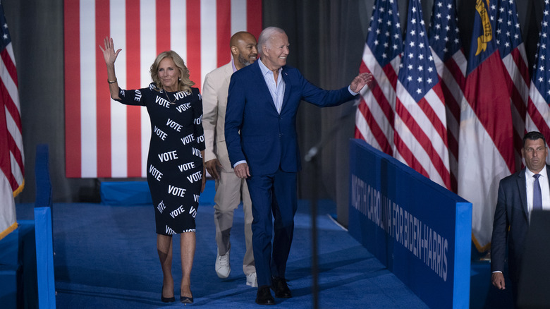 Jill Biden in "vote" dress with Joe Biden