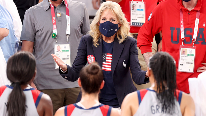 Dr. Jill Biden speaking to basketball players