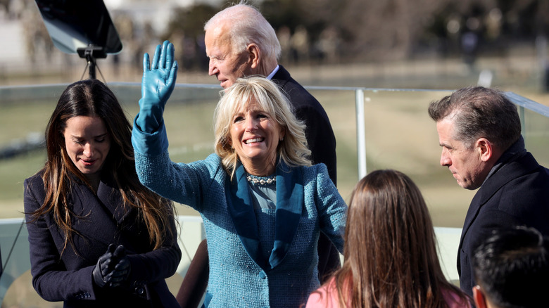 Jill Biden waves by Ashley, Joe, and Hunter Biden