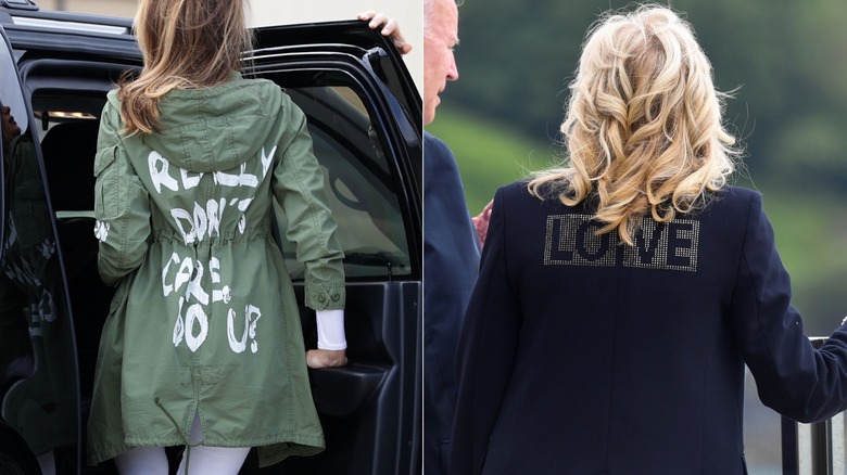 Melania Trump enters a car wearing a jacket that says "I really don't care, do u?"