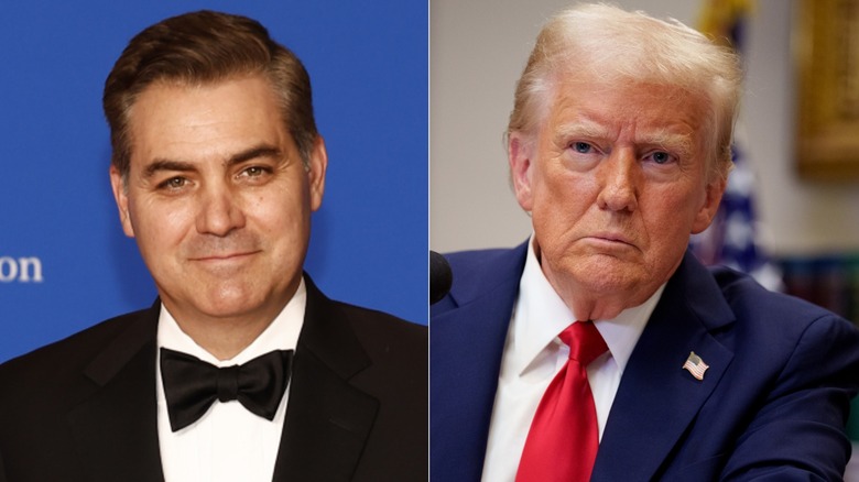 Jim Acosta smiling in a black suit and black tie (L) and Donald Trump scowling in a blue suit and red tie (R)