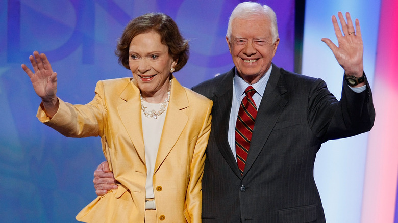 Rosalynn Carter and Jimmy Carter waving