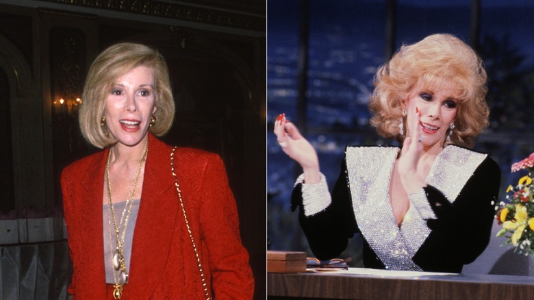 Joan Rivers wearing red, clapping