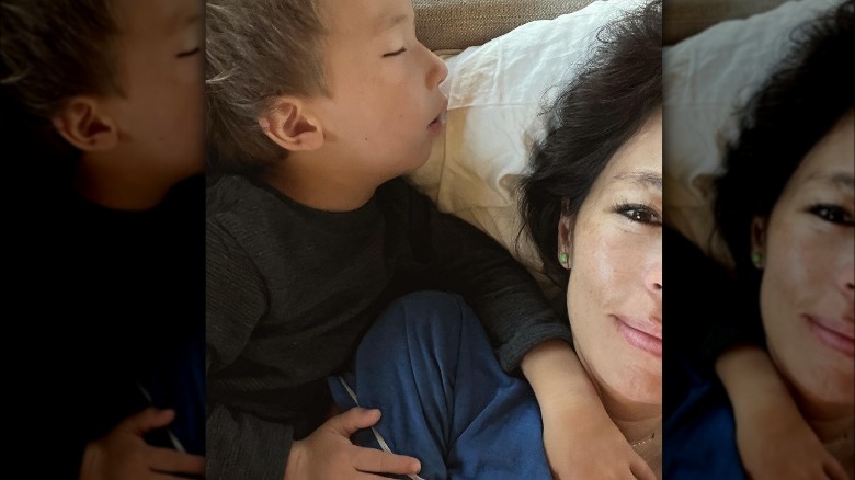 Joanna Gaines and her son Crew cuddling in bed