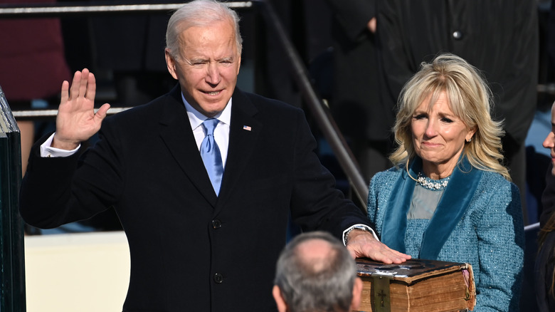 Joe Biden being sworn in as president with Jill Biden next to him