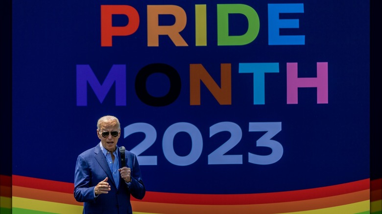 Joe Biden at "Pride Month 2023" sign