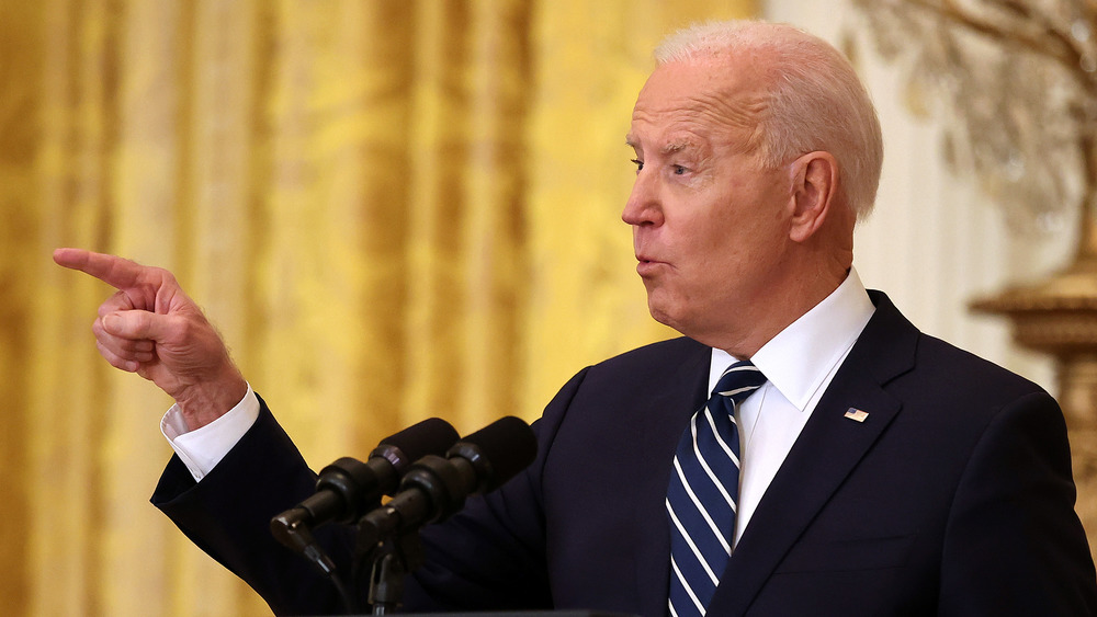 Joe Biden pointing his finger at first press conference