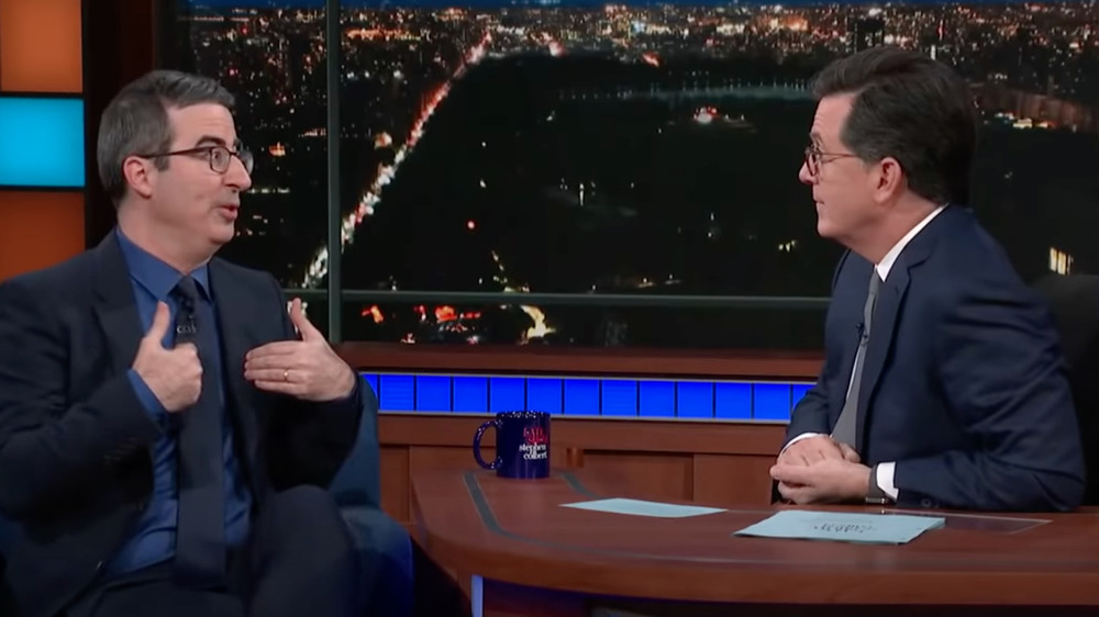 John Oliver talking to Stephen Colbert