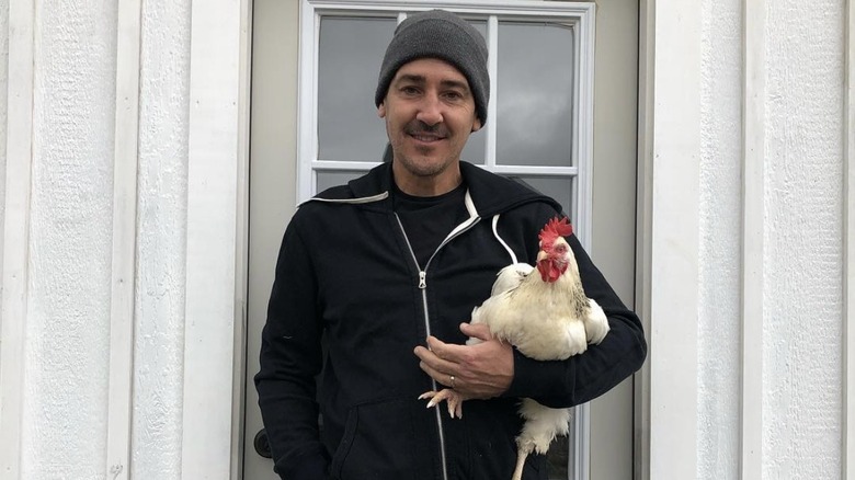 Jonathan Knight holding a chicken