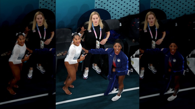 Jordan Chiles, Simone Biles, and Cecile Canqueteau-Landi react to score change