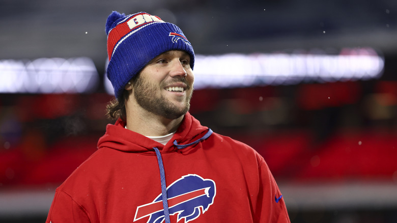 Josh Allen smiling during a Buffalo Bills game