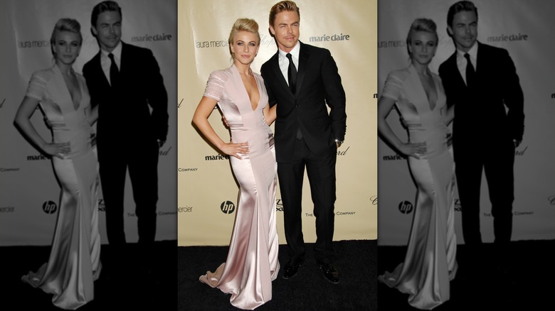 Julianne and Derek Hough smiling at the WB/InStyle Golden Globe Party in 2013