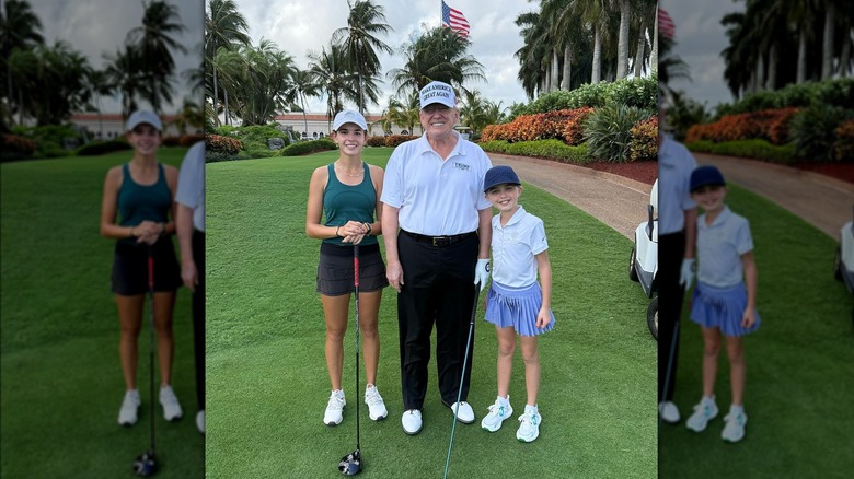 Kai, Donald and Chloe Trump on golf green