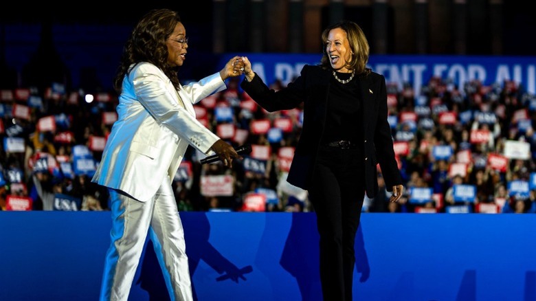 Oprah Winfrey and Kamala Harris on stage for a rally in Philadelphia, PA (2024)