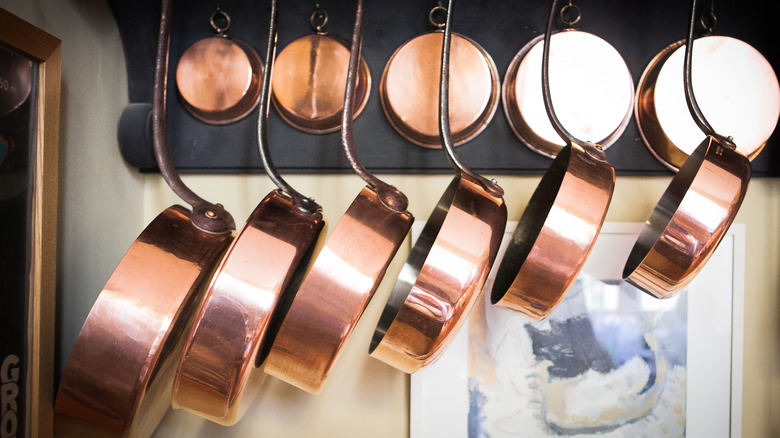 French copper pans in a kitchen