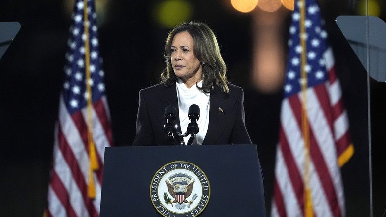 Kamala Harris at a presidential podium