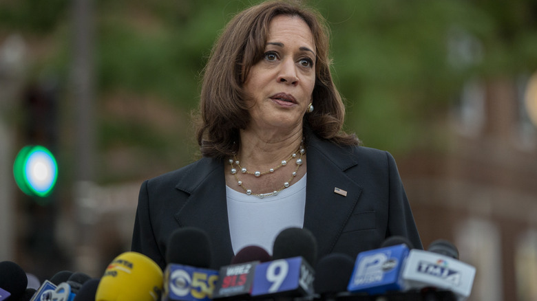 Kamala Harris delivering a speech in Highland Park