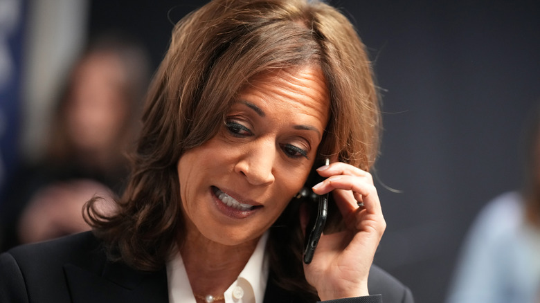 Kamala Harris photographed at a phone bank event