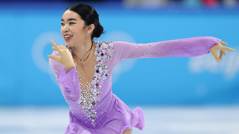 Karen Chen skating in purple dress