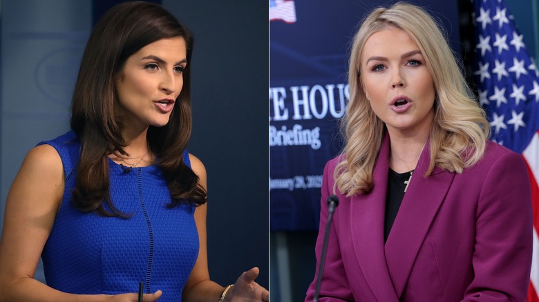 Split image of Kaitlan Collins in a blue dress (L) and Karoline Leavitt in a berry suit (R)