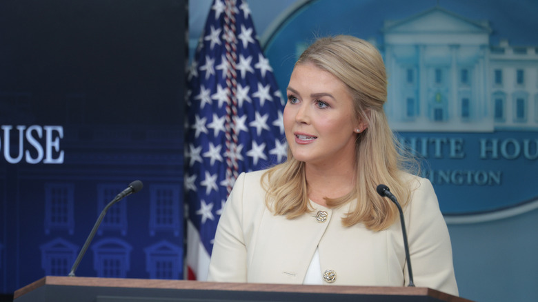 Karoline Leavitt speaking at White House podium