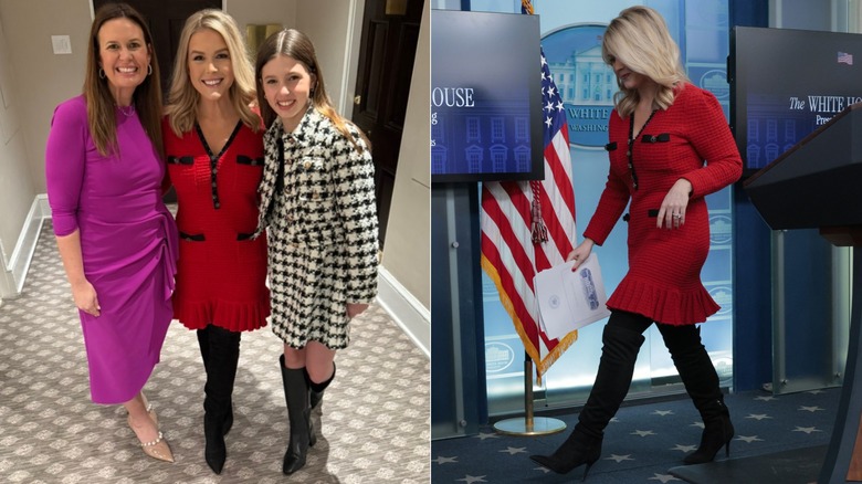 Karoline Leavitt posing with Sarah Huckabee Sanders and daughter