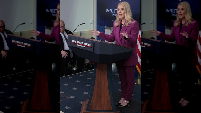 Karoline Leavitt speaking at podium