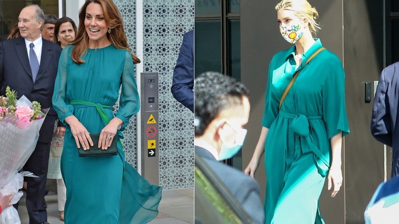 Ivanka Turmp in green with husband. Princess Catherine in green dress at event