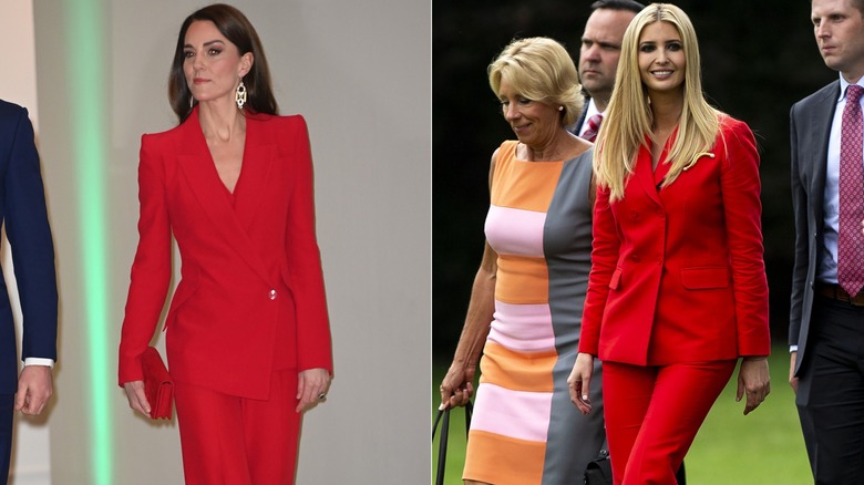 Close up of Princess Catherine in red suit, Ivanka walking in red suit