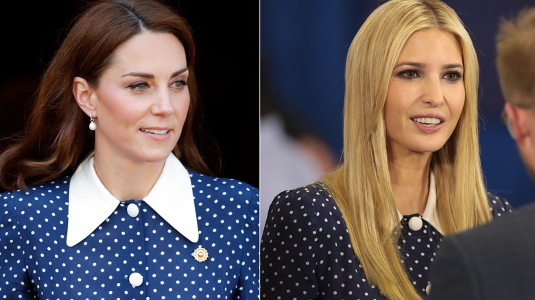 Close up of Princess Catherine and Ivanka Trump in blue polka dot dress