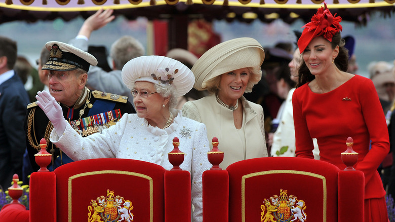 Prince Philip, Queen Elizabeth, Camilla, and Kate Middleton smiling