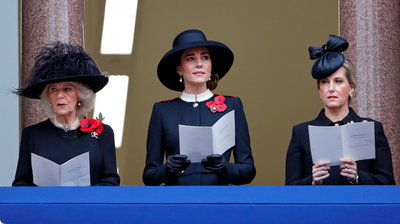 Princess Catherine standing between Queen Camilla and Duchess Sophie