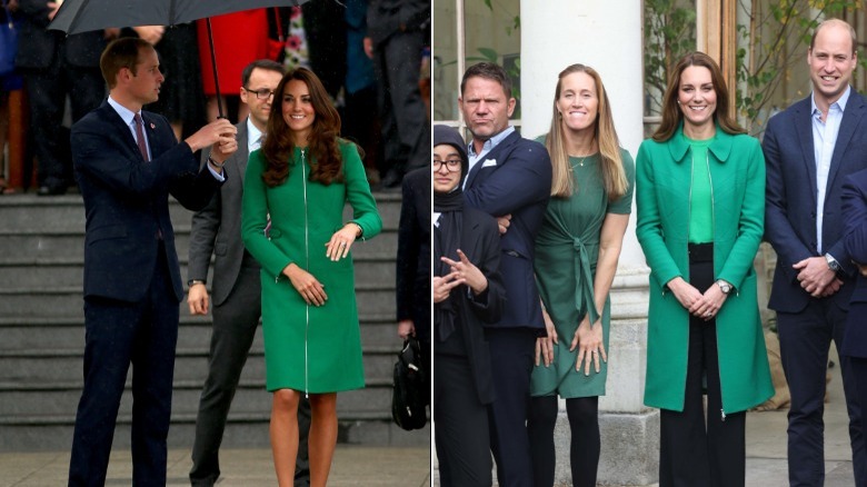 Kate Middleton in a green coat in 2014 and 2021, with Prince William