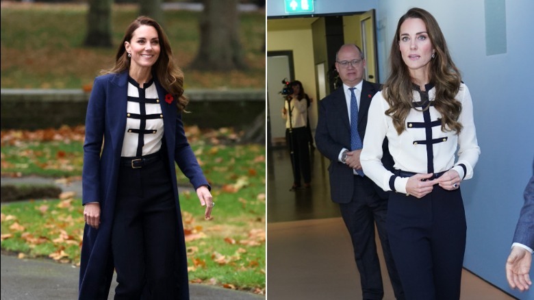 Kate Middleton in an Alexander McQueen shirt and navy coat, smiling