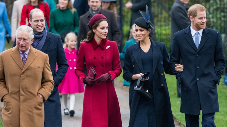 King Charles, Prince William, Kate Middleton, Meghan Markle, Prince Harry walking