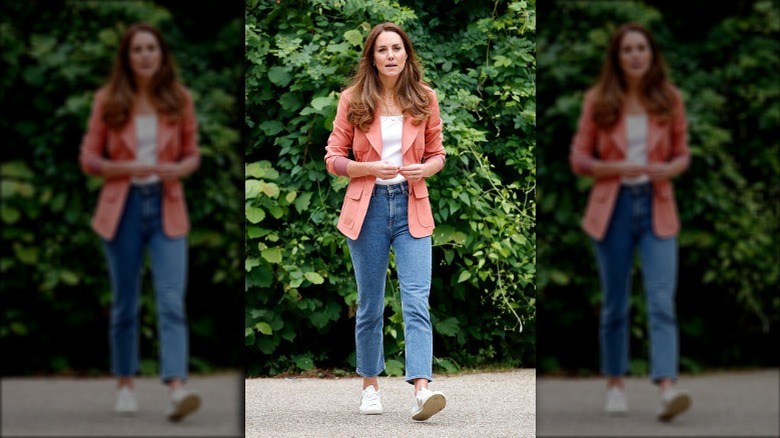 Kate Middleton wearing coral blazer, jeans 